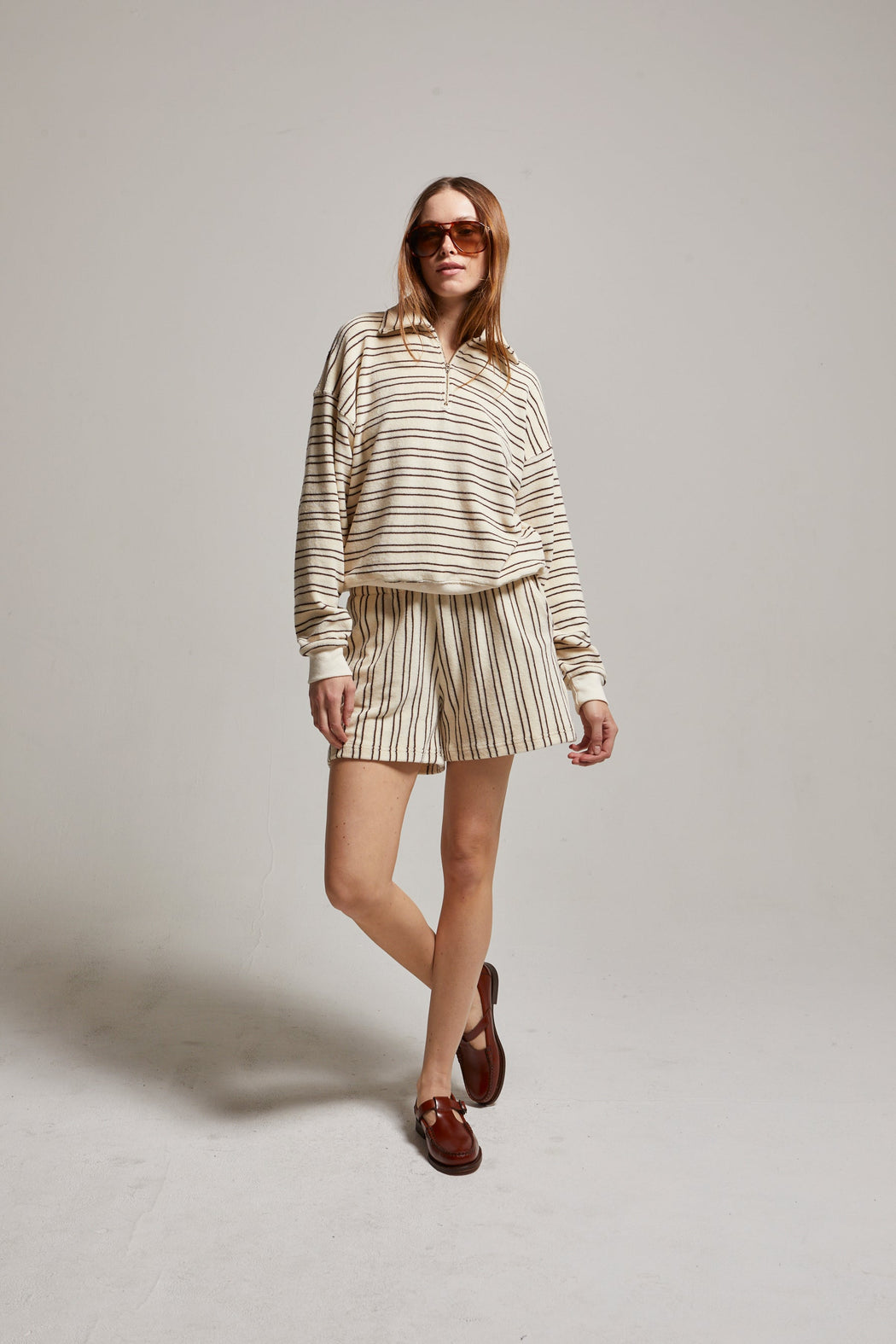 Cody 1/4 Zip Sweatshirt | Cream/ Brown Stripe