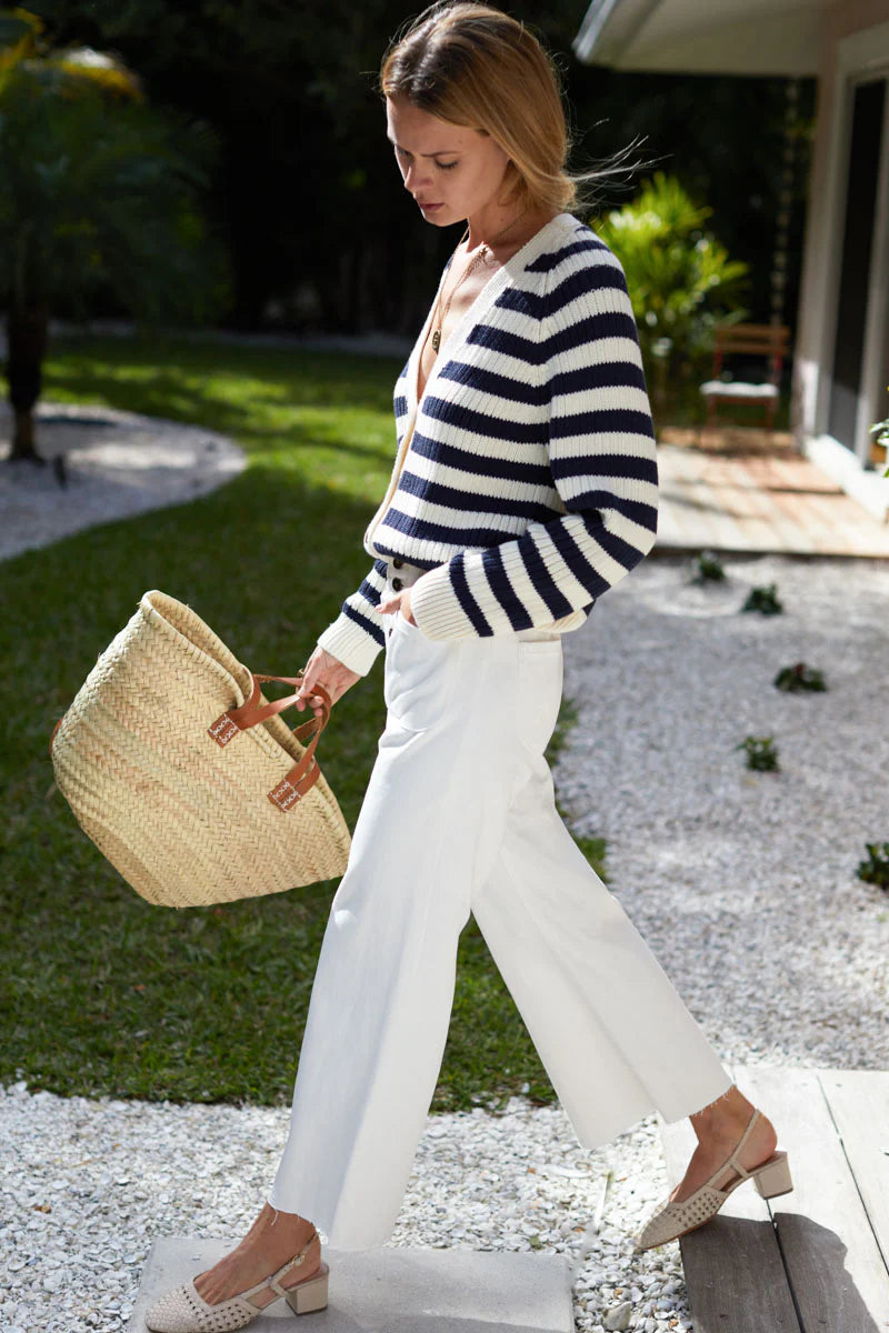 Low V Neck Cardigan | French Navy Stripe Organic