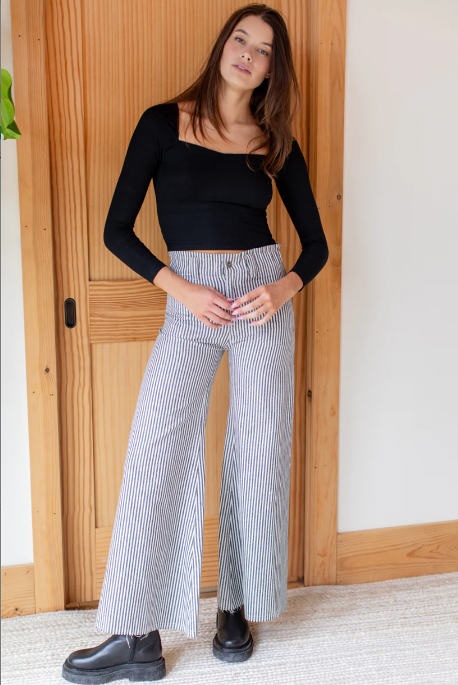 Tulip Wide Leg Pant | Black + Natural Stripe Organic
