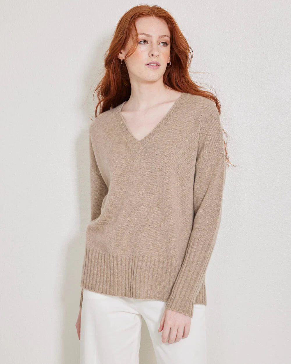 Ella Cashmere V-neck Sweater | Latte