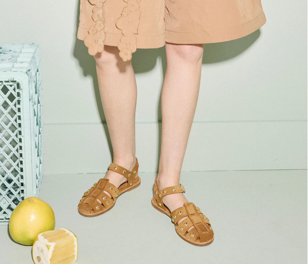 Sera Fisherman Sandal l Nut Suede w/ Gold Studs