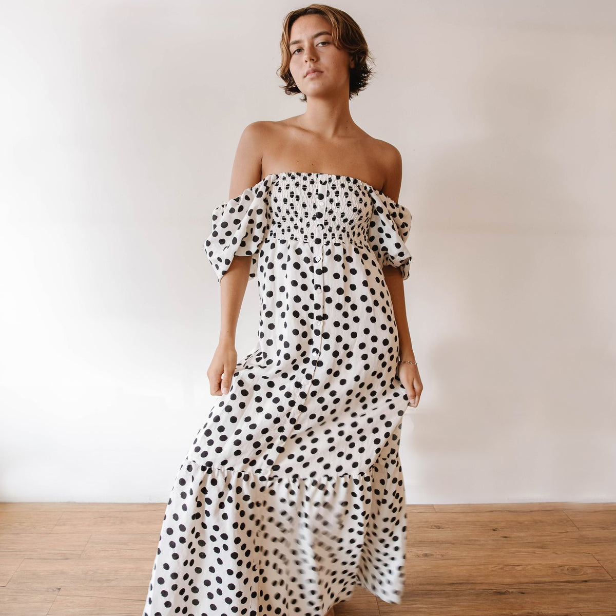 Santiago Maxi Dress l Hand-painted Dots Pearl + Polar Linen