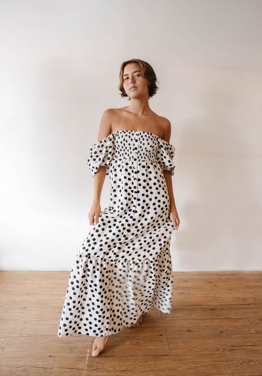 Santiago Maxi Dress l Hand-painted Dots Pearl + Polar Linen