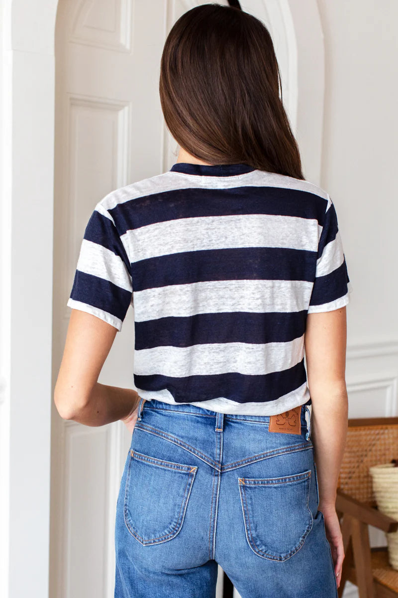Essential Short Sleeve Crew | Wide Navy Stripe