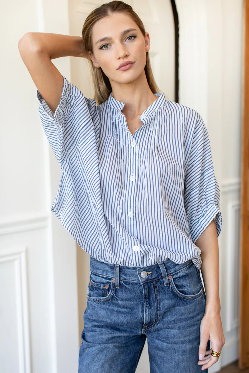 Mandarin Collar Top | Indigo Stripe Organic