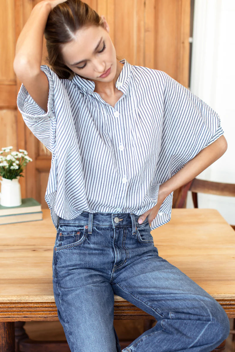 Mandarin Collar Top | Indigo Stripe Organic