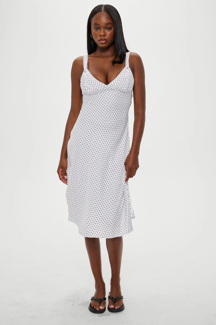 Aurora Satin Midi Dress | White Polka Dot