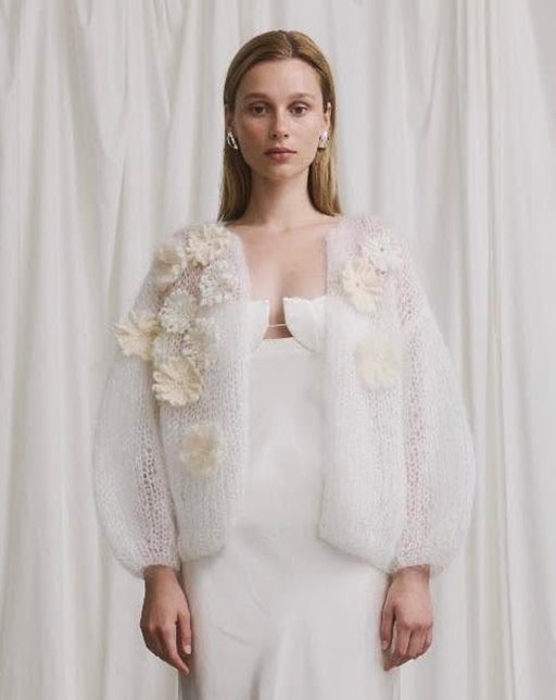 Mohair Bomber Cardigan with Flowery Embroidery | White