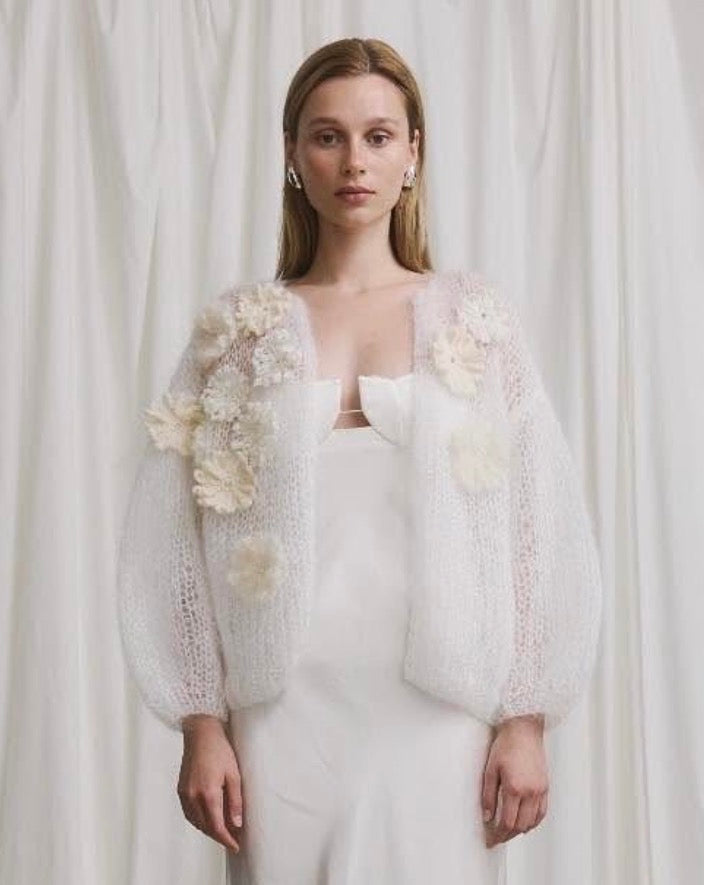 Mohair Bomber Cardigan with Flowery Embroidery | White