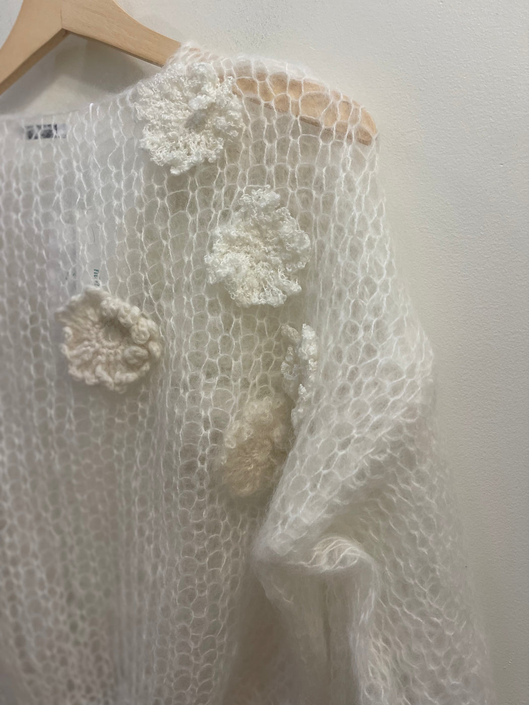 Mohair Bomber Cardigan with Flowery Embroidery | White