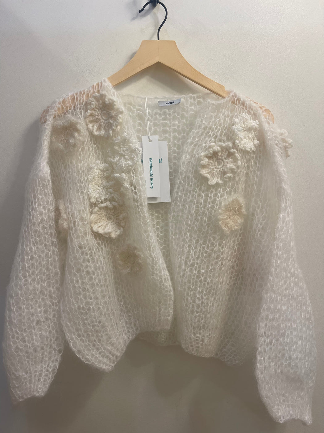 Mohair Bomber Cardigan with Flowery Embroidery | White