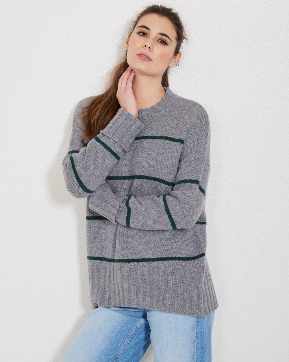 Mila Cashmere Crewneck Sweater l Storm Grey & Jade Stripe