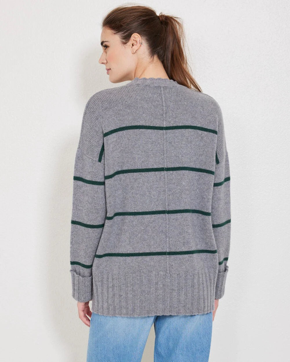 Mila Cashmere Crewneck Sweater l Storm Grey & Jade Stripe