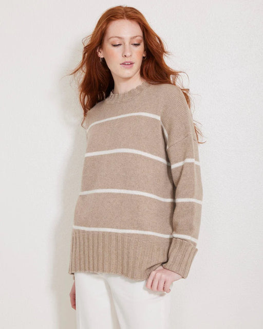 Mila Cashmere Crewneck Sweater l Latte & Light Grey Stripe