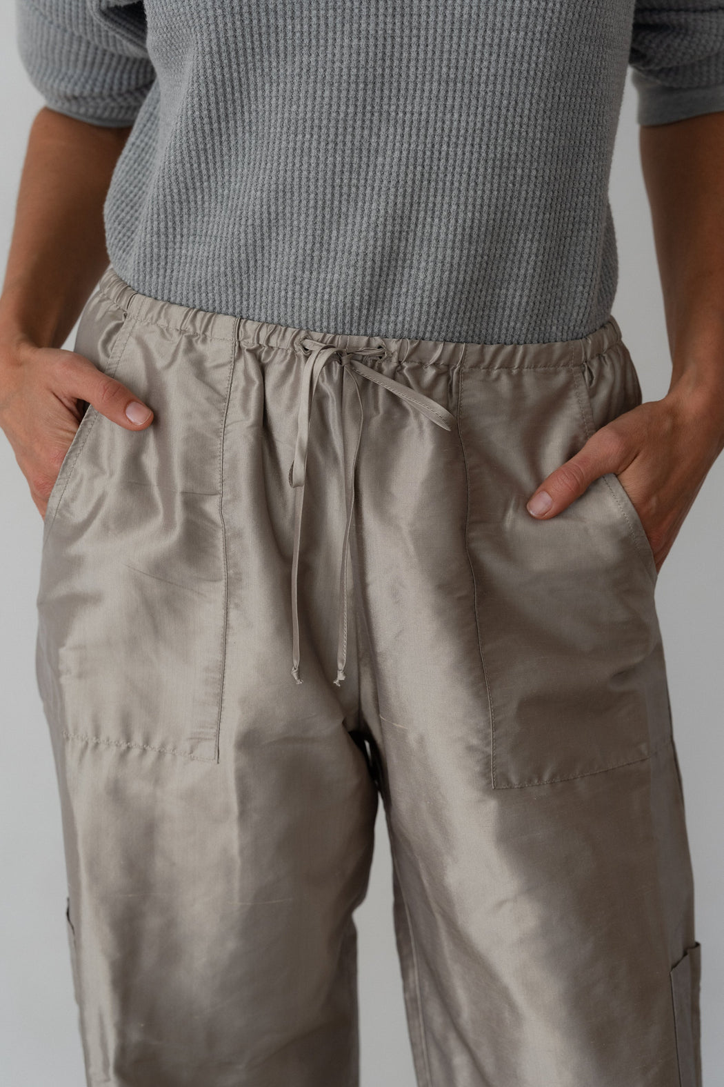 Taffeta Drawstring Cargo Pant | Silver