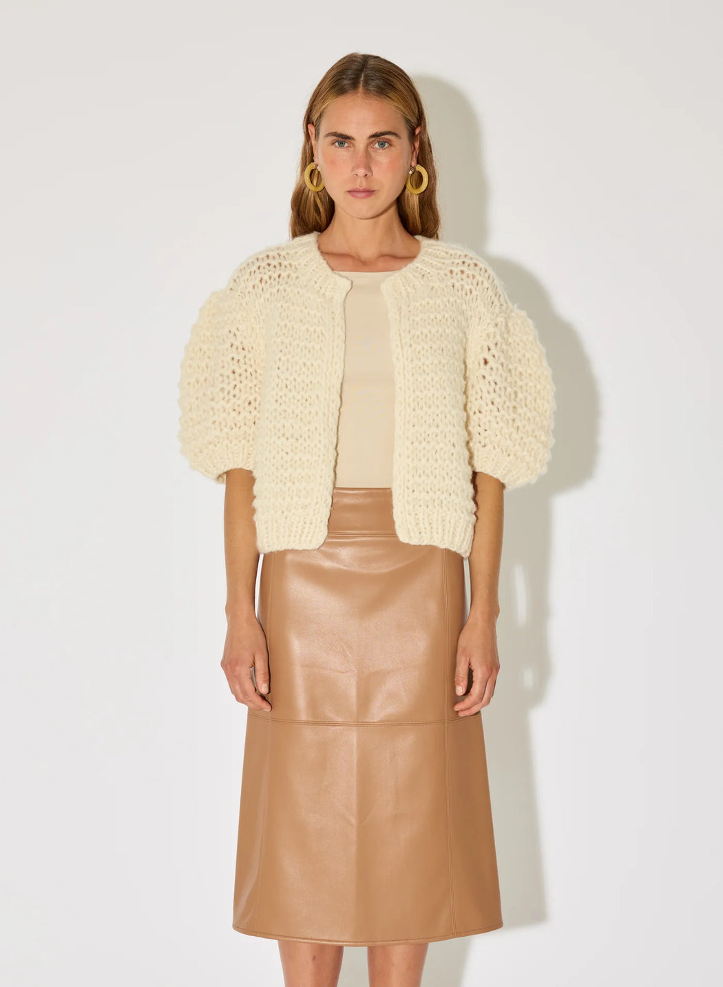 Cashmere Puffy Short Sleeve Cardigan | Champagne