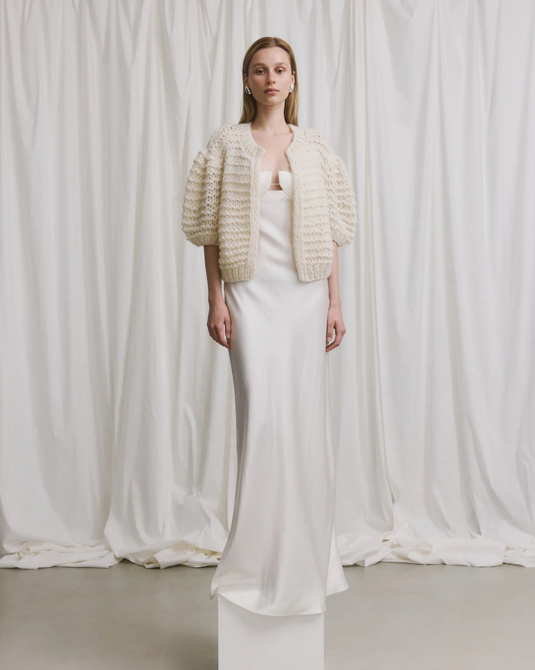 Cashmere Puffy Short Sleeve Cardigan | Champagne