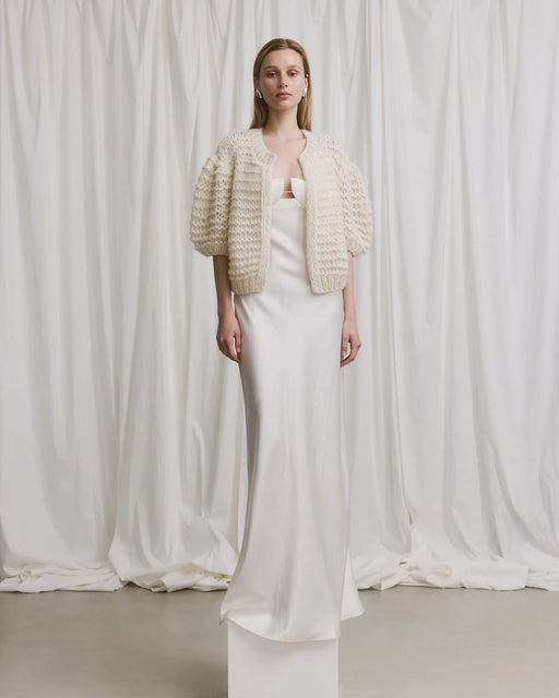 Cashmere Puffy Short Sleeve Cardigan | Champagne