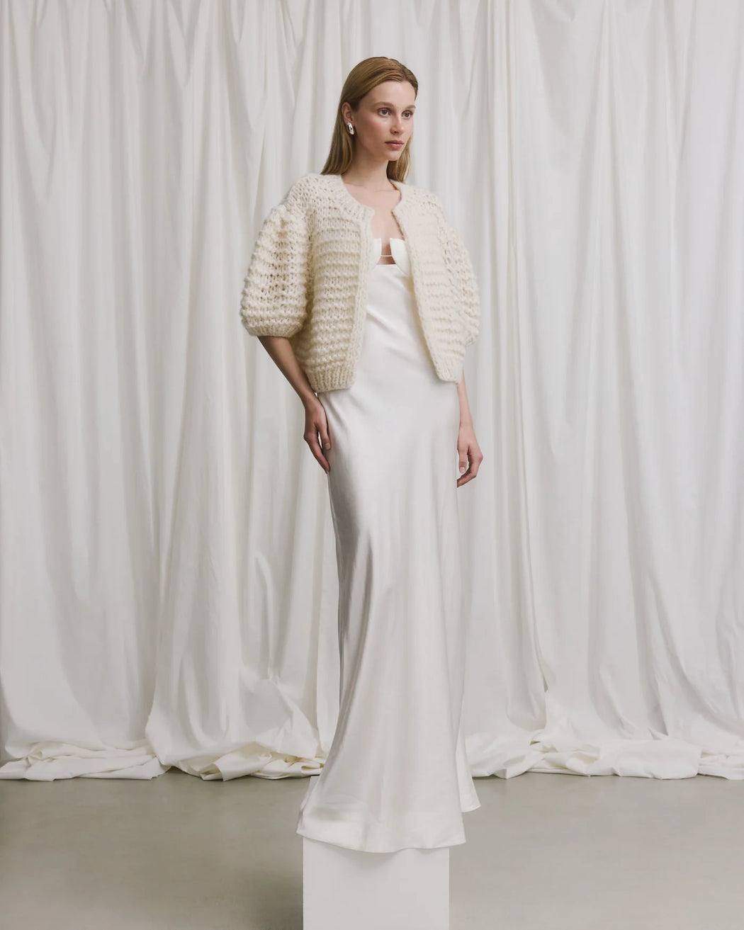Cashmere Puffy Short Sleeve Cardigan | Champagne