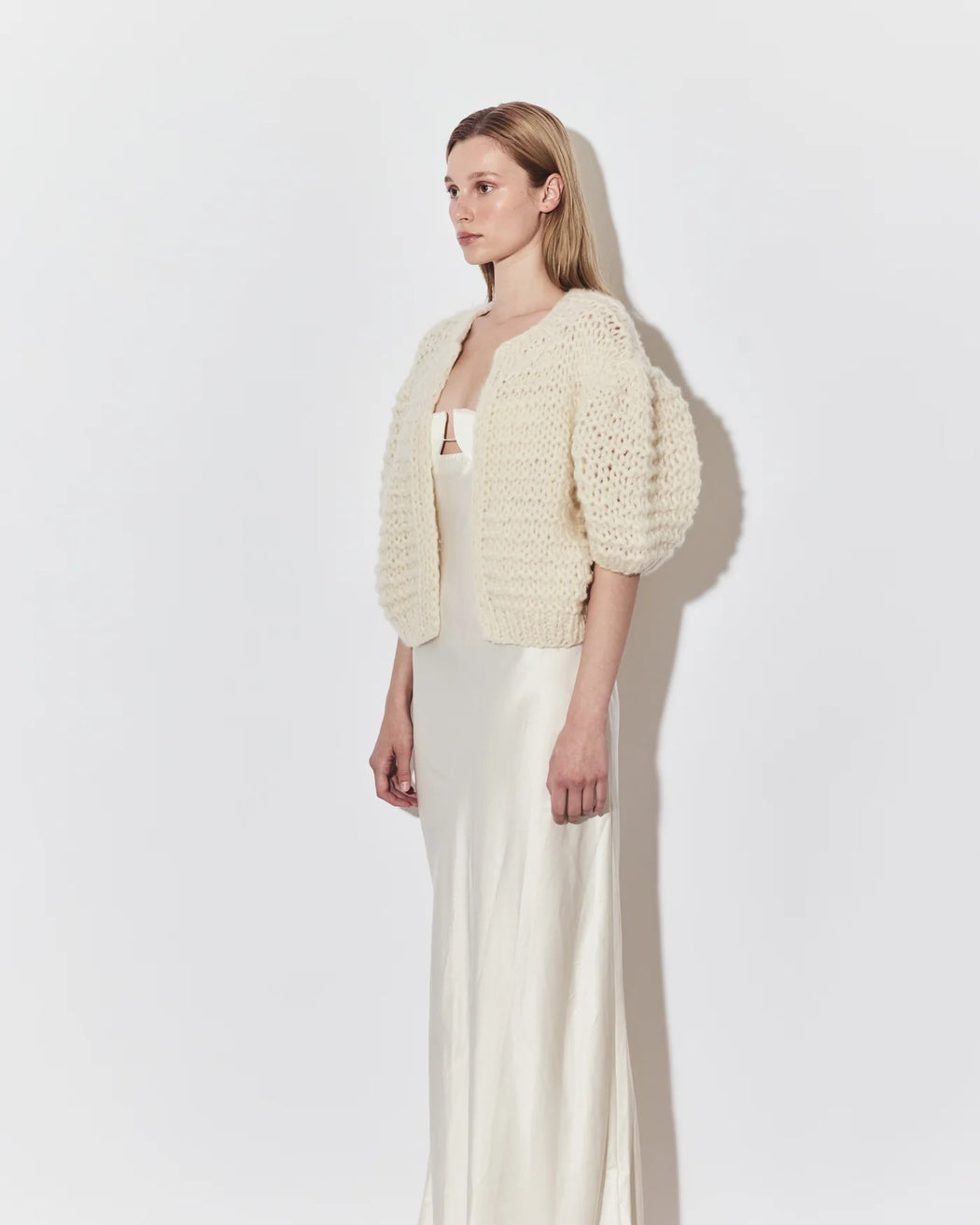 Cashmere Puffy Short Sleeve Cardigan | Champagne
