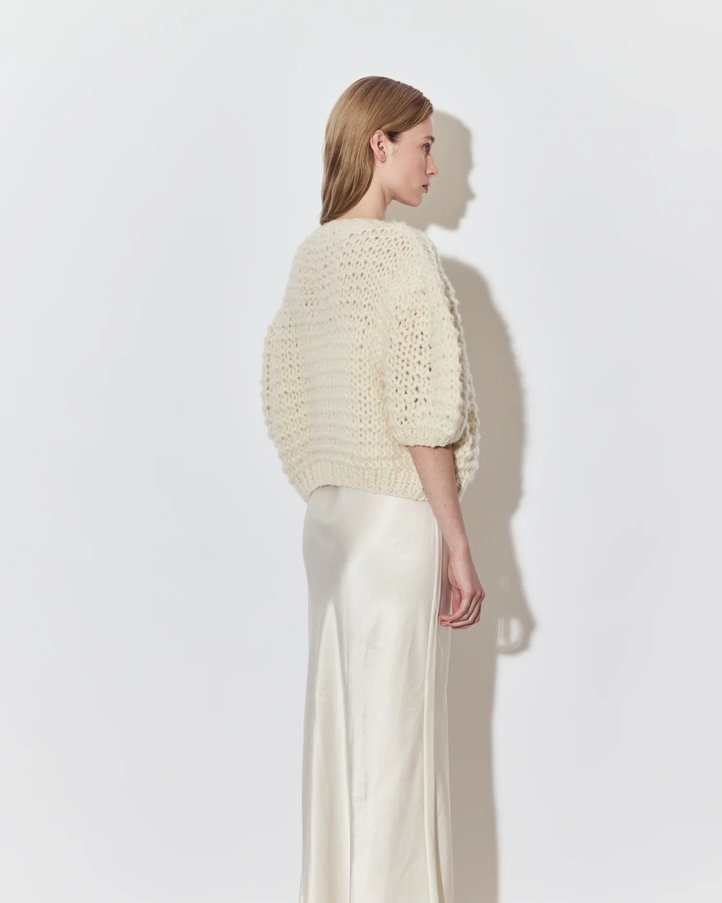 Cashmere Puffy Short Sleeve Cardigan | Champagne