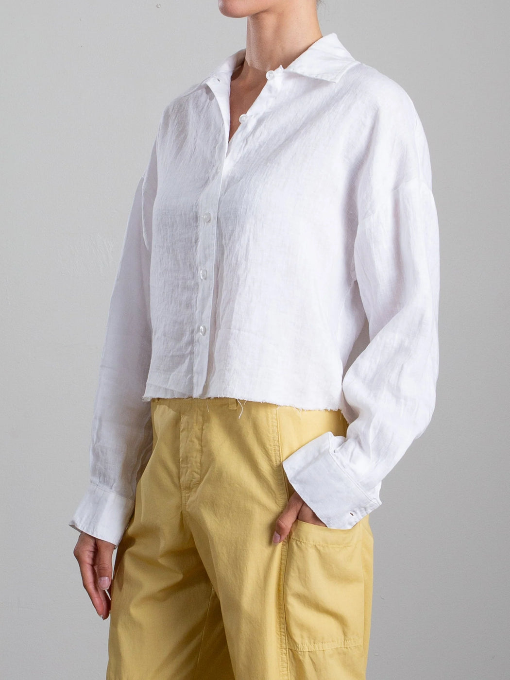 Esme Crop Shirt in French Linen | White