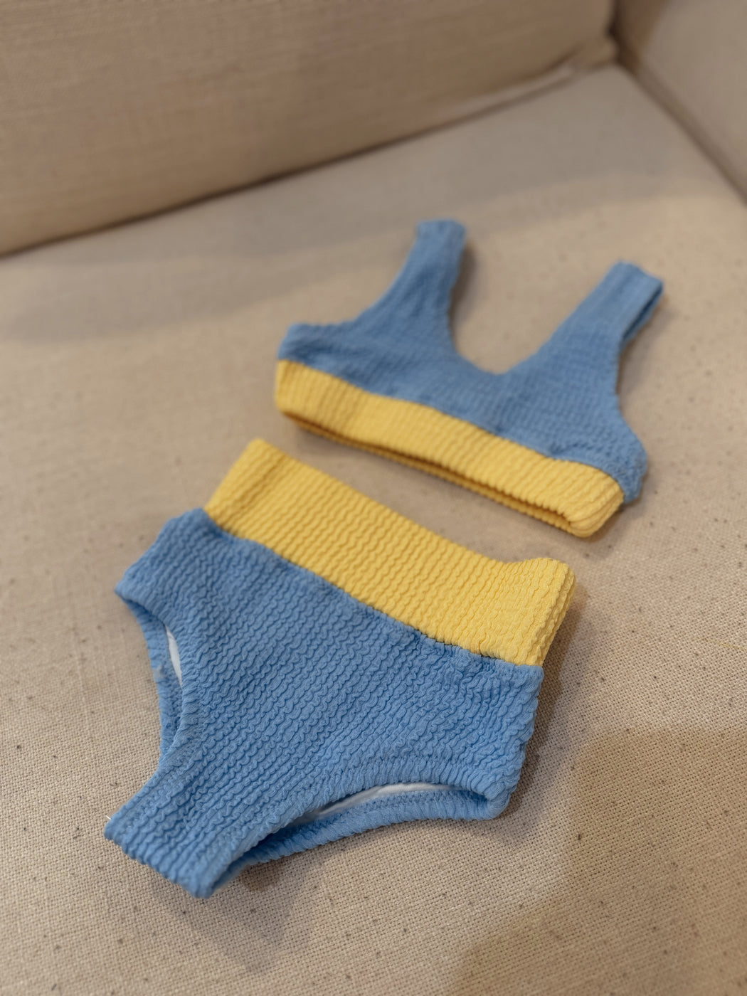 Crinkle Color Block Two Piece Swimsuit | Blue & Yellow