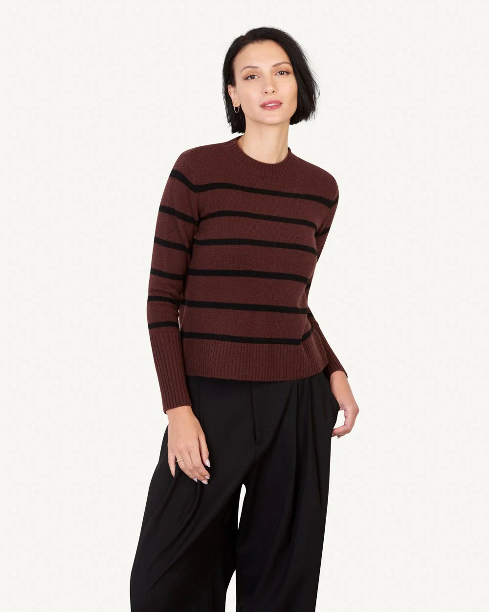 Jane Cashmere Crewneck l Currant & Black Stripe