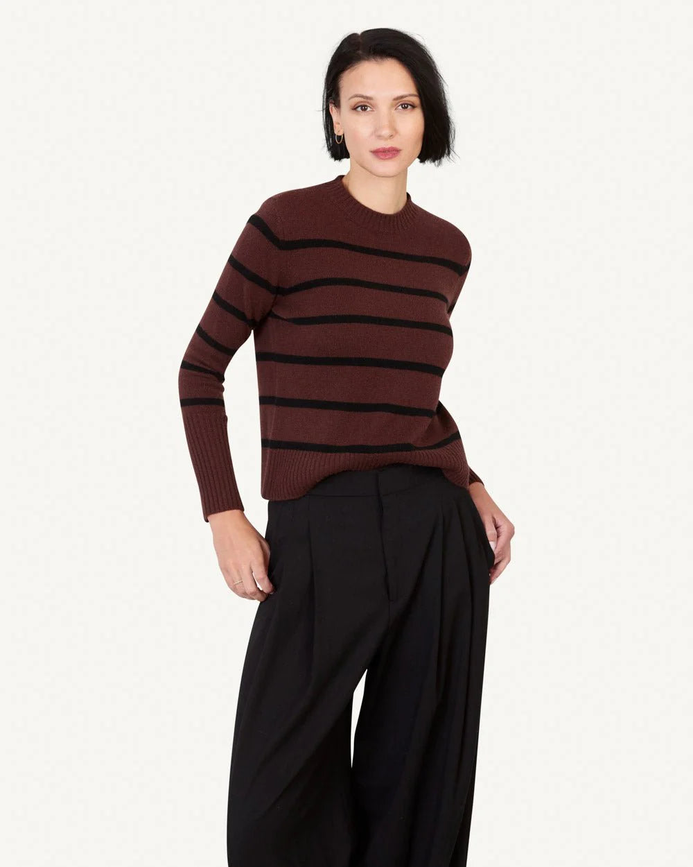 Jane Cashmere Crewneck | Currant & Black Stripe