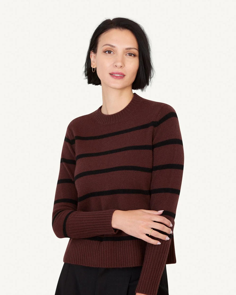 Jane Cashmere Crewneck l Currant & Black Stripe