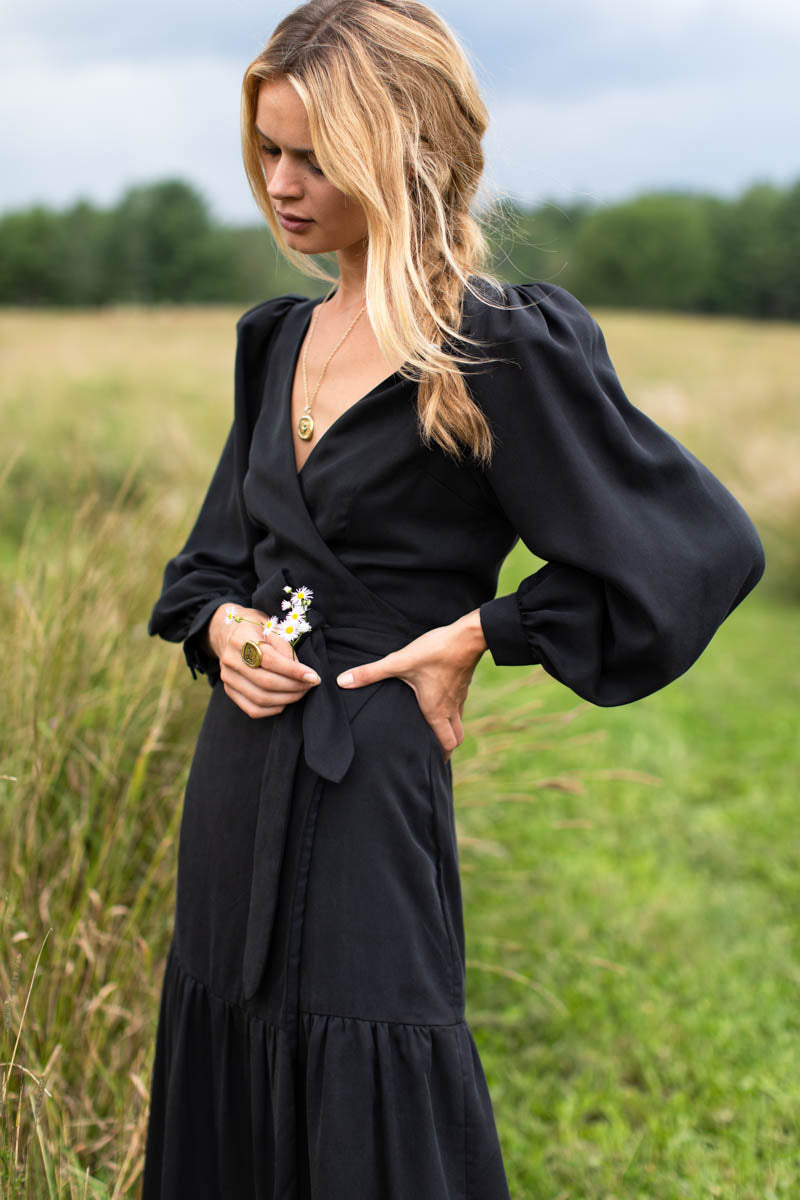 Marigot Tier Wrap Dress | Black Tencel
